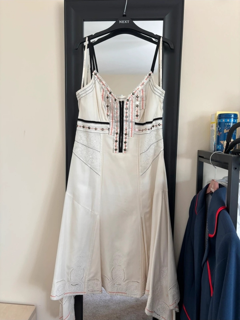 Karen Millen Cream Embroidered Asymmetrical Sundress with Black Trim